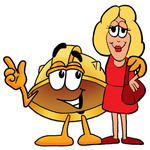 Clip Art Graphic of a Yellow Safety Hardhat Cartoon Character Talking to a Pretty Blond Woman