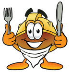 Clip Art Graphic of a Yellow Safety Hardhat Cartoon Character Holding a Knife and Fork