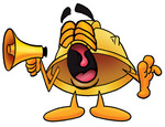 Clip Art Graphic of a Yellow Safety Hardhat Cartoon Character Screaming Into a Megaphone