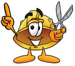 Clip Art Graphic of a Yellow Safety Hardhat Cartoon Character Holding a Pair of Scissors