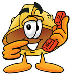 Clip Art Graphic of a Yellow Safety Hardhat Cartoon Character Holding a Telephone