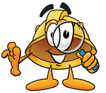 Clip Art Graphic of a Yellow Safety Hardhat Cartoon Character Looking Through a Magnifying Glass
