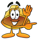 Clip Art Graphic of a Yellow Safety Hardhat Cartoon Character Waving and Pointing