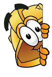 Clip Art Graphic of a Yellow Safety Hardhat Cartoon Character Peeking Around a Corner