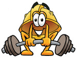 Clip Art Graphic of a Yellow Safety Hardhat Cartoon Character Lifting a Heavy Barbell