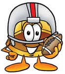 Clip Art Graphic of a Yellow Safety Hardhat Cartoon Character in a Helmet, Holding a Football