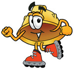 Clip Art Graphic of a Yellow Safety Hardhat Cartoon Character Roller Blading on Inline Skates
