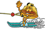 Clip Art Graphic of a Yellow Safety Hardhat Cartoon Character Waving While Water Skiing
