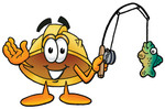 Clip Art Graphic of a Yellow Safety Hardhat Cartoon Character Holding a Fish on a Fishing Pole