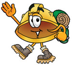 Clip Art Graphic of a Yellow Safety Hardhat Cartoon Character Hiking and Carrying a Backpack