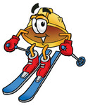 Clip Art Graphic of a Yellow Safety Hardhat Cartoon Character Skiing Downhill
