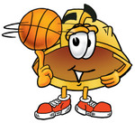 Clip Art Graphic of a Yellow Safety Hardhat Cartoon Character Spinning a Basketball on His Finger
