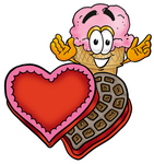 Clip Art Graphic of a Strawberry Ice Cream Cone Cartoon Character With an Open Box of Valentines Day Chocolate Candies