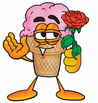 Clip Art Graphic of a Strawberry Ice Cream Cone Cartoon Character Holding a Red Rose on Valentines Day