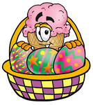 Clip Art Graphic of a Strawberry Ice Cream Cone Cartoon Character in an Easter Basket Full of Decorated Easter Eggs
