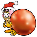 Clip Art Graphic of a Strawberry Ice Cream Cone Cartoon Character Wearing a Santa Hat, Standing With a Christmas Bauble