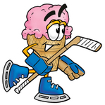 Clip Art Graphic of a Strawberry Ice Cream Cone Cartoon Character Playing Ice Hockey