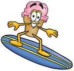 Clip Art Graphic of a Strawberry Ice Cream Cone Cartoon Character Surfing on a Blue and Yellow Surfboard
