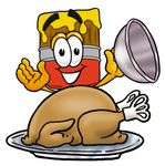 Clip Art Graphic of a Red Paintbrush With Yellow Paint Cartoon Character Serving a Thanksgiving Turkey on a Platter