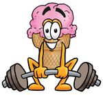 Clip Art Graphic of a Strawberry Ice Cream Cone Cartoon Character Lifting a Heavy Barbell