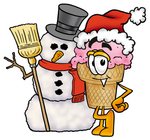 Clip Art Graphic of a Strawberry Ice Cream Cone Cartoon Character With a Snowman on Christmas