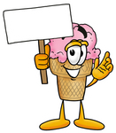 Clip Art Graphic of a Strawberry Ice Cream Cone Cartoon Character Holding a Blank Sign