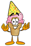 Clip Art Graphic of a Strawberry Ice Cream Cone Cartoon Character Wearing a Birthday Party Hat