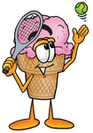 Clip Art Graphic of a Strawberry Ice Cream Cone Cartoon Character Preparing to Hit a Tennis Ball