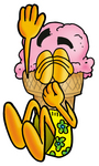 Clip Art Graphic of a Strawberry Ice Cream Cone Cartoon Character Plugging His Nose While Jumping Into Water