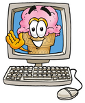 Clip Art Graphic of a Strawberry Ice Cream Cone Cartoon Character Waving From Inside a Computer Screen