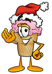 Clip Art Graphic of a Strawberry Ice Cream Cone Cartoon Character Wearing a Santa Hat and Waving