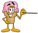 Clip Art Graphic of a Strawberry Ice Cream Cone Cartoon Character Holding a Pointer Stick