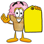 Clip Art Graphic of a Strawberry Ice Cream Cone Cartoon Character Holding a Yellow Sales Price Tag