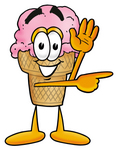 Clip Art Graphic of a Strawberry Ice Cream Cone Cartoon Character Waving and Pointing