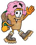 Clip Art Graphic of a Strawberry Ice Cream Cone Cartoon Character Hiking and Carrying a Backpack