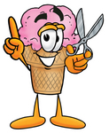 Clip Art Graphic of a Strawberry Ice Cream Cone Cartoon Character Holding a Pair of Scissors