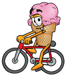 Clip Art Graphic of a Strawberry Ice Cream Cone Cartoon Character Riding a Bicycle