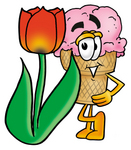 Clip Art Graphic of a Strawberry Ice Cream Cone Cartoon Character With a Red Tulip Flower in the Spring