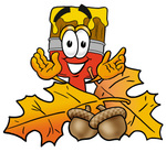 Clip Art Graphic of a Red Paintbrush With Yellow Paint Cartoon Character With Autumn Leaves and Acorns in the Fall