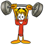 Clip Art Graphic of a Red Paintbrush With Yellow Paint Cartoon Character Holding a Heavy Barbell Above His Head