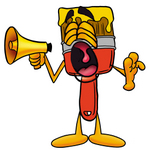 Clip Art Graphic of a Red Paintbrush With Yellow Paint Cartoon Character Screaming Into a Megaphone