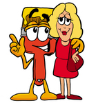 Clip Art Graphic of a Red Paintbrush With Yellow Paint Cartoon Character Talking to a Pretty Blond Woman