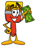 Clip Art Graphic of a Red Paintbrush With Yellow Paint Cartoon Character Holding a Dollar Bill