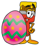 Clip Art Graphic of a Red Paintbrush With Yellow Paint Cartoon Character Standing Beside an Easter Egg