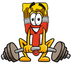 Clip Art Graphic of a Red Paintbrush With Yellow Paint Cartoon Character Lifting a Heavy Barbell