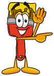 Clip Art Graphic of a Red Paintbrush With Yellow Paint Cartoon Character Waving and Pointing