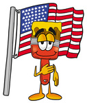 Clip Art Graphic of a Red Paintbrush With Yellow Paint Cartoon Character Pledging Allegiance to an American Flag