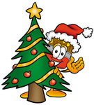 Clip Art Graphic of a Red Paintbrush With Yellow Paint Cartoon Character Waving and Standing by a Decorated Christmas Tree