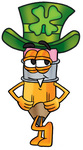 Clip Art Graphic of a Yellow Number 2 Pencil With an Eraser Cartoon Character Wearing a Saint Patricks Day Hat With a Clover on it