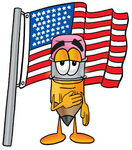 Clip Art Graphic of a Yellow Number 2 Pencil With an Eraser Cartoon Character Pledging Allegiance to an American Flag